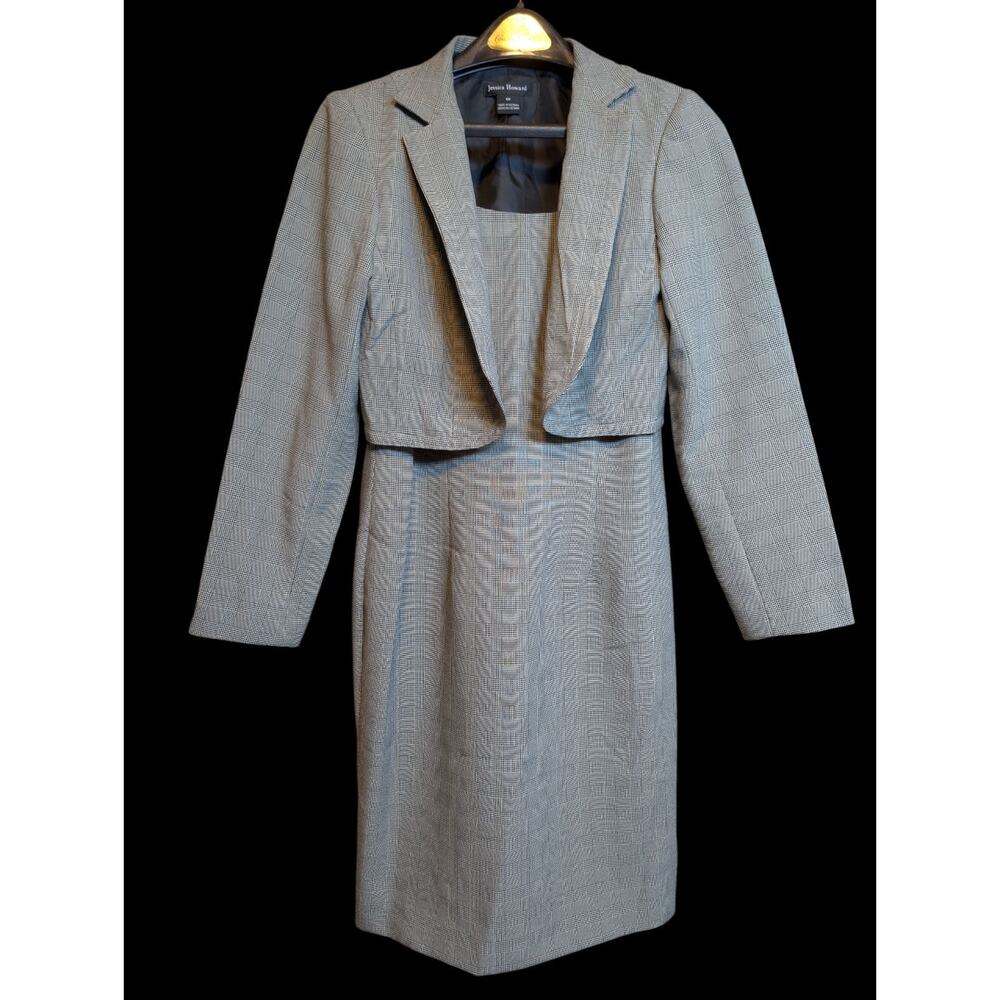 Jessica Howard Vintage 90s 2Pc Dress Cropped Blazer Gray Checkered Pattern